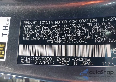 2021 Toyota Prius Le from USA, damaged, VIN JTDKAMFU2M3137095
